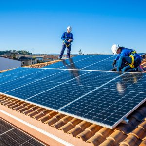kneeling professional workers fixing solar panels from the top of a house roof, side view of the roof with reflection